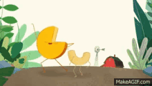 a cartoon of a chicken , a bird , and a stroller walking in the jungle .