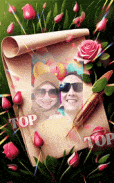 a picture of a man and a woman is surrounded by flowers and the word top