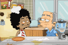 a cartoon of a man and a woman in a kitchen with a box of krecko on the refrigerator door
