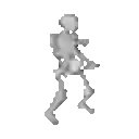 a pixel art of a skeleton walking on a white background