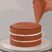 a person is frosting a chocolate cake with a piping bag