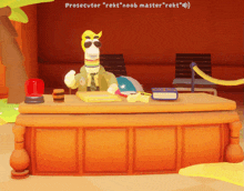 a cartoon character is standing at a desk with the words prosecutor " rekt " on the top