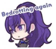 a sticker of a girl with purple hair and the words `` bedrottling again '' written on it .