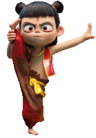 a cartoon character in a red and brown outfit is standing on one leg