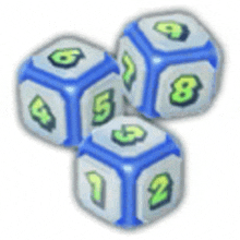 three blue dice with green numbers on them are stacked on top of each other .