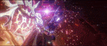 a person is standing in a dark room with a purple light coming out of the ceiling