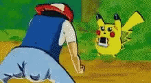 a cartoon of a man standing next to a pikachu with its mouth open