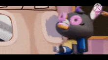 a cartoon cat with a donut in its mouth is standing in front of an airplane .