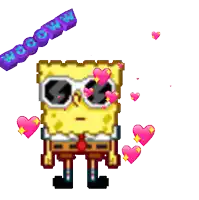 a pixel art of spongebob surrounded by pink hearts and a wow sign