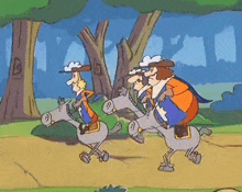 a group of men are riding donkeys in a cartoon scene .