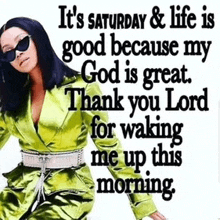 a woman in a green suit is wearing sunglasses and a quote .