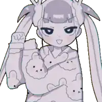a cartoon girl with pigtails is wearing a sweater with teddy bears on the sleeves