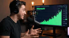 a man wearing headphones talks into a microphone in front of a computer monitor that says #memesai on it
