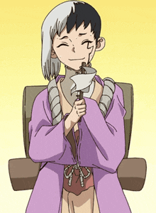 a cartoon character is sitting in a chair holding a stick