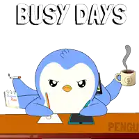 a penguin is sitting at a desk holding a cup of coffee