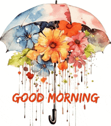a painting of an umbrella with flowers coming out of it and the words good morning