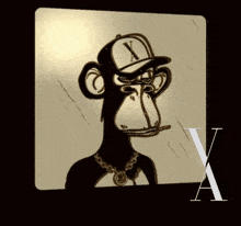 a drawing of a monkey wearing a hat with the letter x