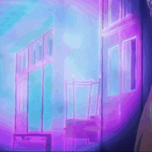 a painting of a building with purple and blue lights behind it