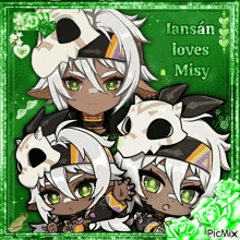 a picture of a girl with skulls on her head that says ' jansan loves misy ' on the bottom