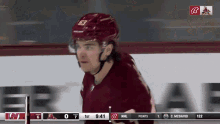 a hockey player wearing a helmet with the number 63 on it stands on the ice