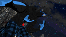 a cartoon drawing of a person in a black and blue outfit giving the middle finger