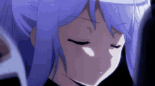 a close up of a girl with blue hair