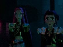 two anime characters are standing next to each other one holding a sword