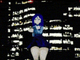 a woman with blue hair is dancing in front of a city skyline at night