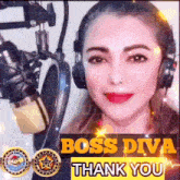 a woman wearing headphones stands in front of a microphone with the words boss diva thank you on the bottom