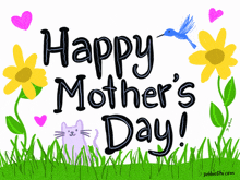 a happy mother 's day greeting with flowers and a cat