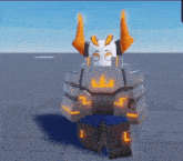 a robot with horns and a crown on his head is standing on a tiled floor .