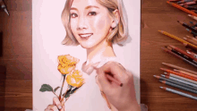 a drawing of a woman holding a bouquet of roses