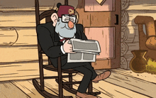 a cartoon character sitting in a rocking chair holding a newspaper