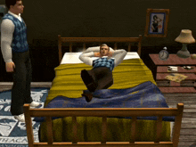 a man laying on a bed next to a man standing in front of a sign that says peace