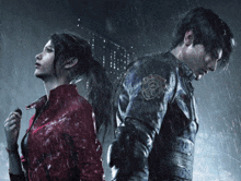 a man and a woman are standing in the rain and the man has a patch on his jacket that says s.t.p.d