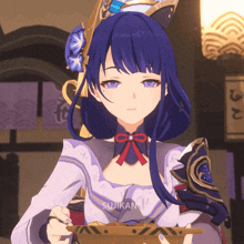a girl with purple hair is holding a bowl of food and the name sujikan is on the bottom