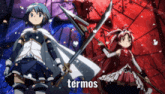 two anime girls holding swords with the word termos in the bottom right corner