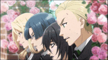 a group of anime characters are standing next to each other with roses in the background