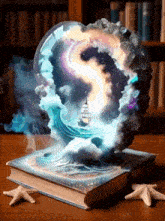 a heart shaped object is sitting on top of a book on a table