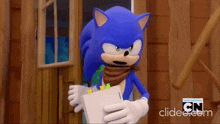 sonic the hedgehog is standing in front of a wooden house holding a piece of paper .
