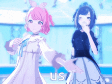 two anime girls are standing next to each other with us written on the bottom right