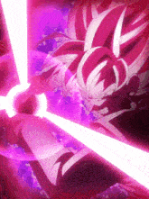 a cartoon character with purple hair and a purple light coming out of his mouth