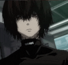 a close up of a person 's face with a choker on .