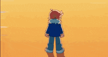 a cartoon character in a blue jacket stands in front of a blue ocean