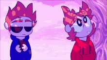 two cartoon characters are standing next to each other with one wearing a red hoodie