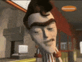 a cartoon man with a mustache is standing in front of a sign that says nickelodeon .