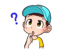 a boy wearing a blue hat is thinking with a question mark above him