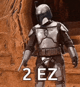 boba fett from star wars is holding a gun in his hand .