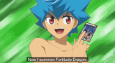 a shirtless anime character is holding a card and saying `` now i summon fortitude dragon . ''