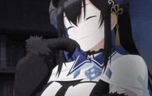 a black and white anime character with the letter m on her ear